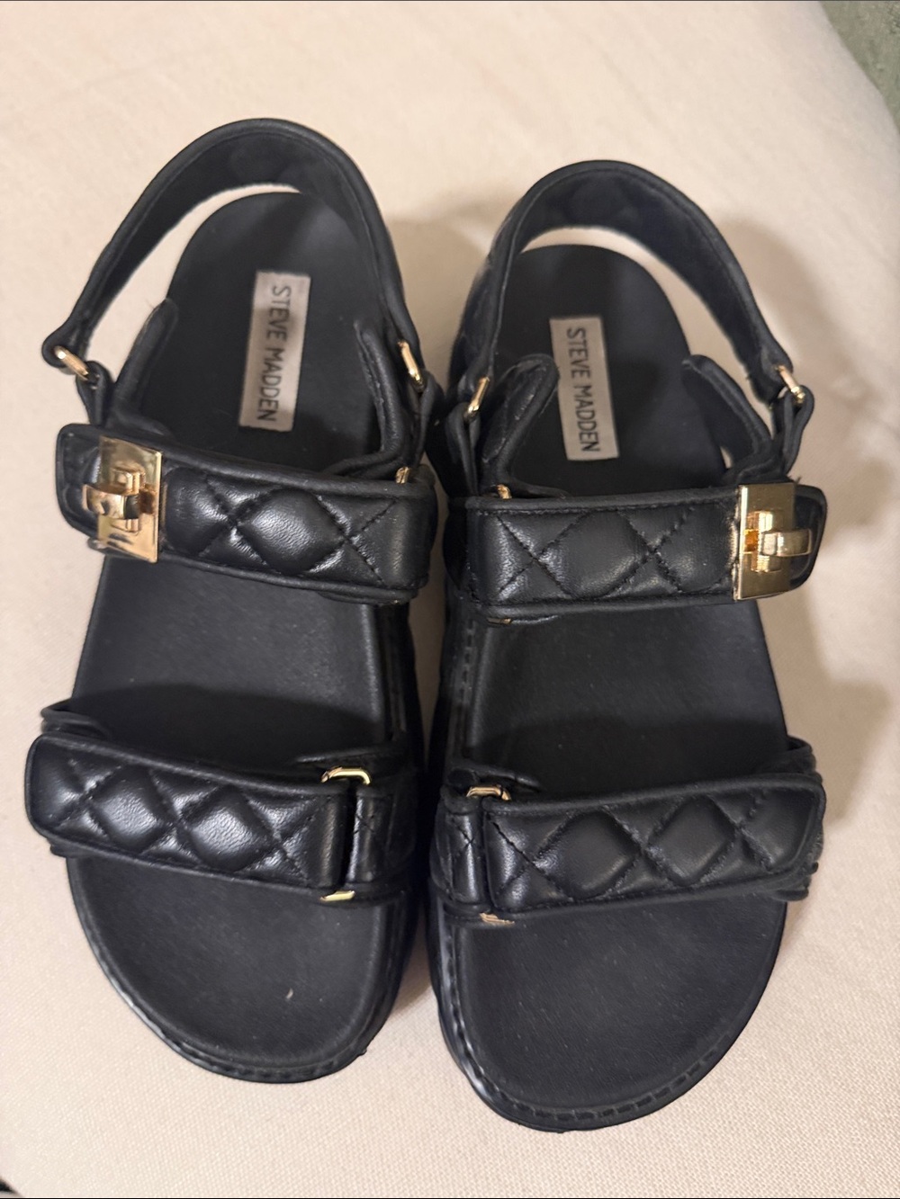 Steve Madden Black Quilted Strap Sandals with Gold Accents